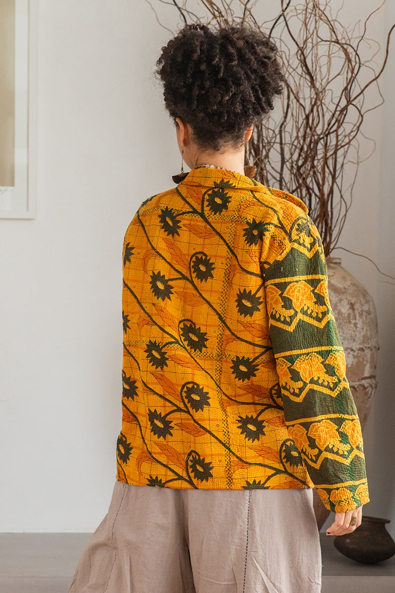 Womens Vintage Intrepid Kantha Jacket handmade from 100% cotton recycled fabrics in vibrant yellow Kiran