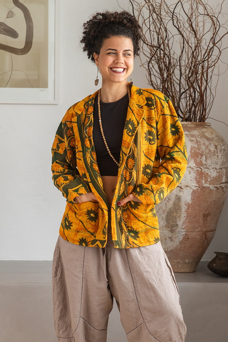 Womens Vintage Intrepid Kantha Jacket handmade from 100% cotton recycled fabrics in vibrant yellow Kiran