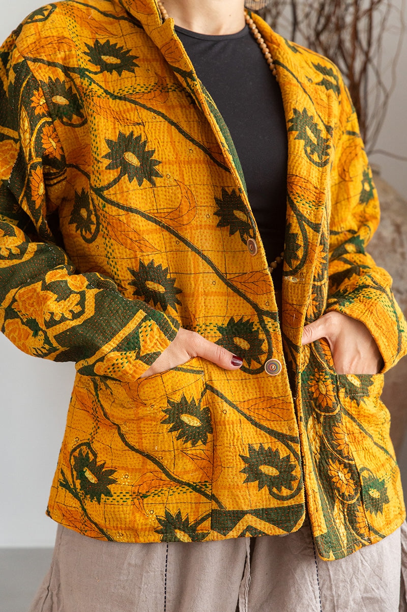 Womens Vintage Intrepid Kantha Jacket handmade from 100% cotton recycled fabrics in vibrant yellow Kiran