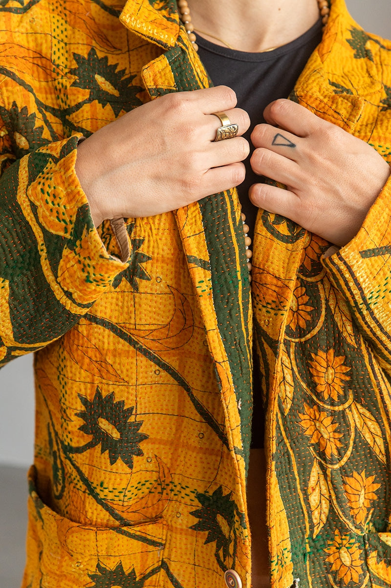 Womens Vintage Intrepid Kantha Jacket handmade from 100% cotton recycled fabrics in vibrant yellow Kiran