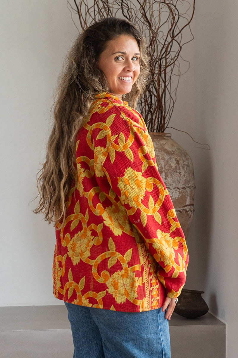 Womens Vintage Intrepid Kantha Jacket handmade from 100% cotton recycled fabrics in red & orange Zest
