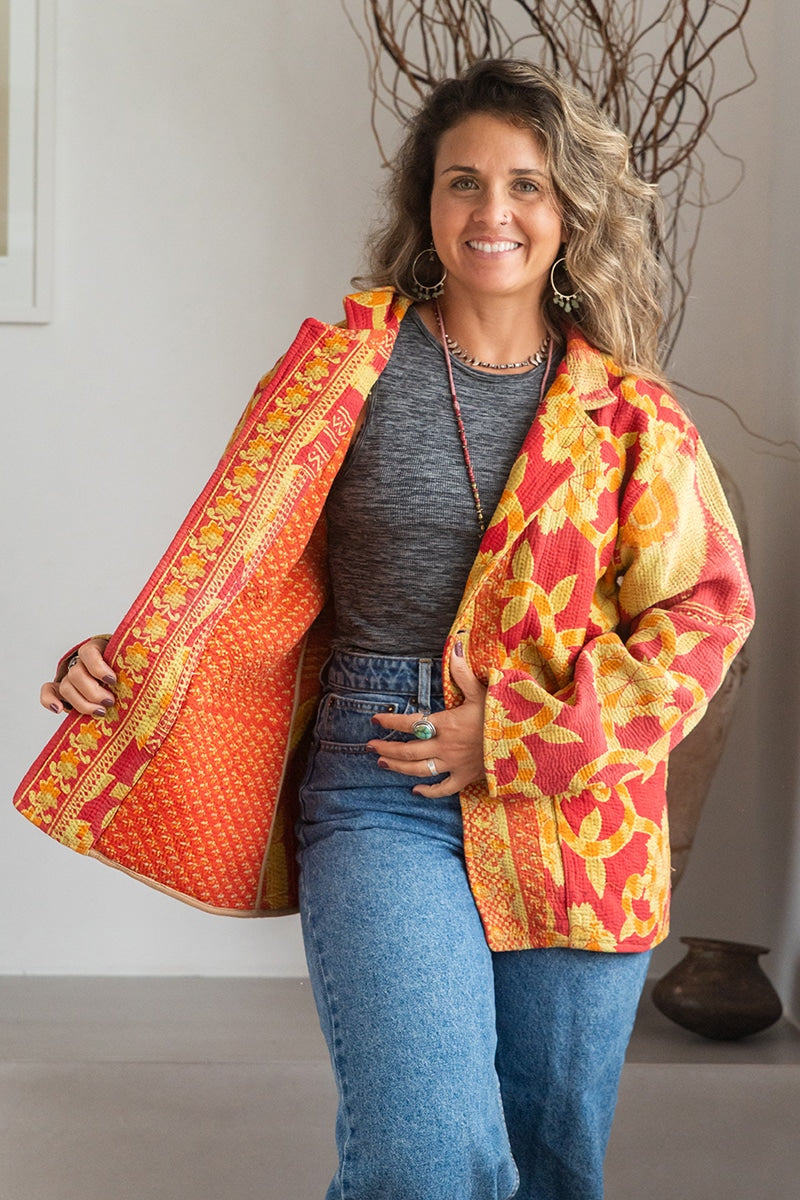 Womens Vintage Intrepid Kantha Jacket handmade from 100% cotton recycled fabrics in red & orange Zest