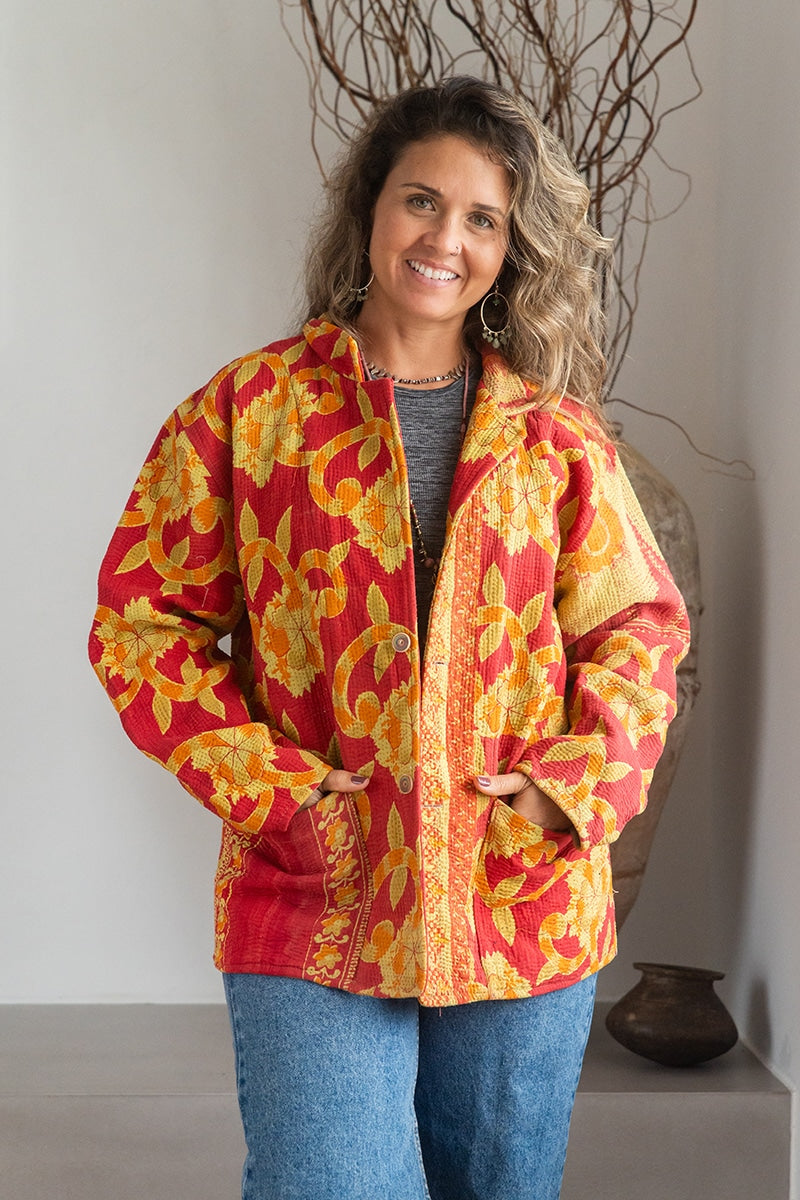 Womens Vintage Intrepid Kantha Jacket handmade from 100% cotton recycled fabrics in red & orange Zest