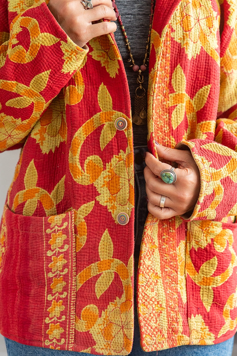 Womens Vintage Intrepid Kantha Jacket handmade from 100% cotton recycled fabrics in red & orange Zest