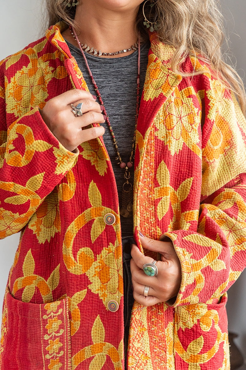 Womens Vintage Intrepid Kantha Jacket handmade from 100% cotton recycled fabrics in red & orange Zest