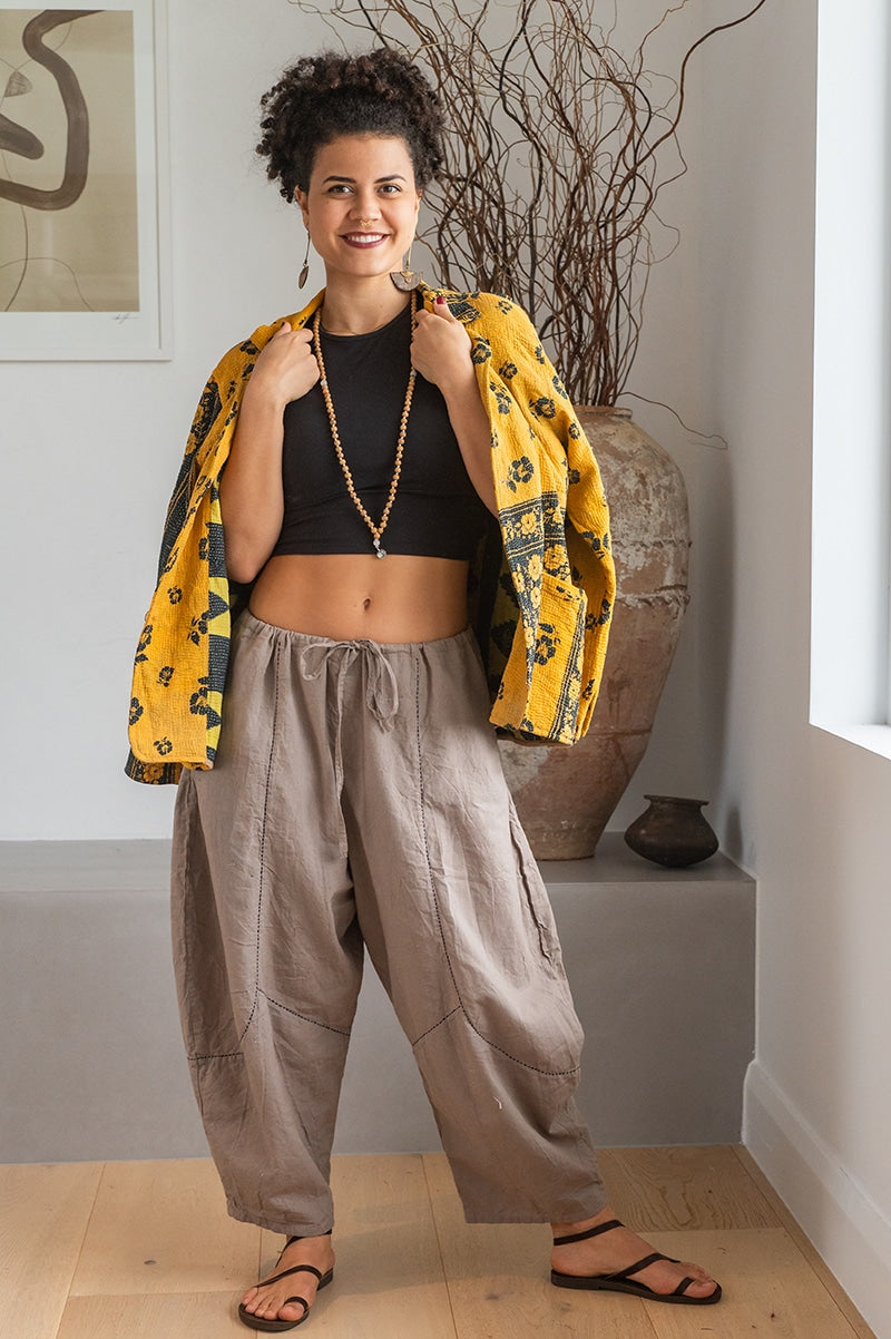 Womens Vintage Intrepid Kantha Jacket handmade from 100% cotton recycled fabrics in yellow Tuscan