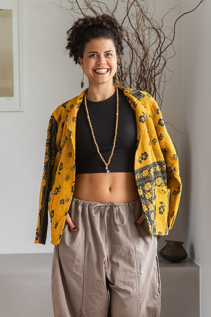 Womens Vintage Intrepid Kantha Jacket handmade from 100% cotton recycled fabrics in yellow Tuscan