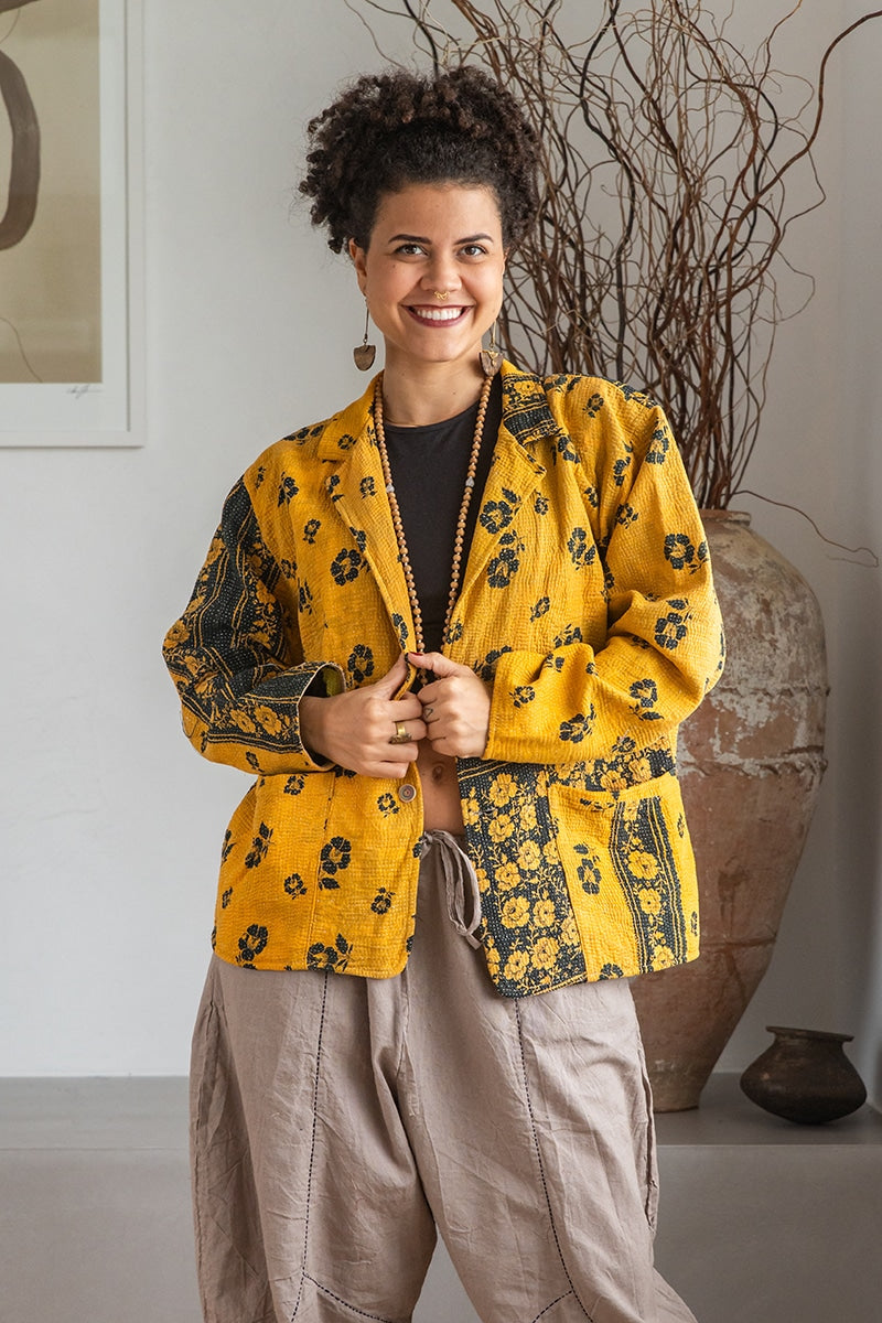 Womens Vintage Intrepid Kantha Jacket handmade from 100% cotton recycled fabrics in yellow Tuscan