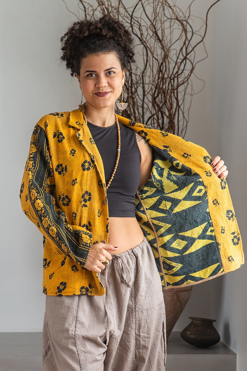 Womens Vintage Intrepid Kantha Jacket handmade from 100% cotton recycled fabrics in yellow Tuscan