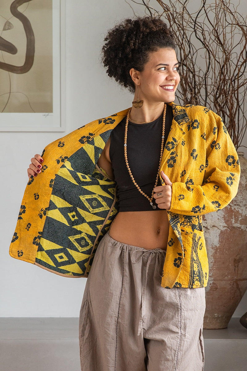 Womens Vintage Intrepid Kantha Jacket handmade from 100% cotton recycled fabrics in yellow Tuscan