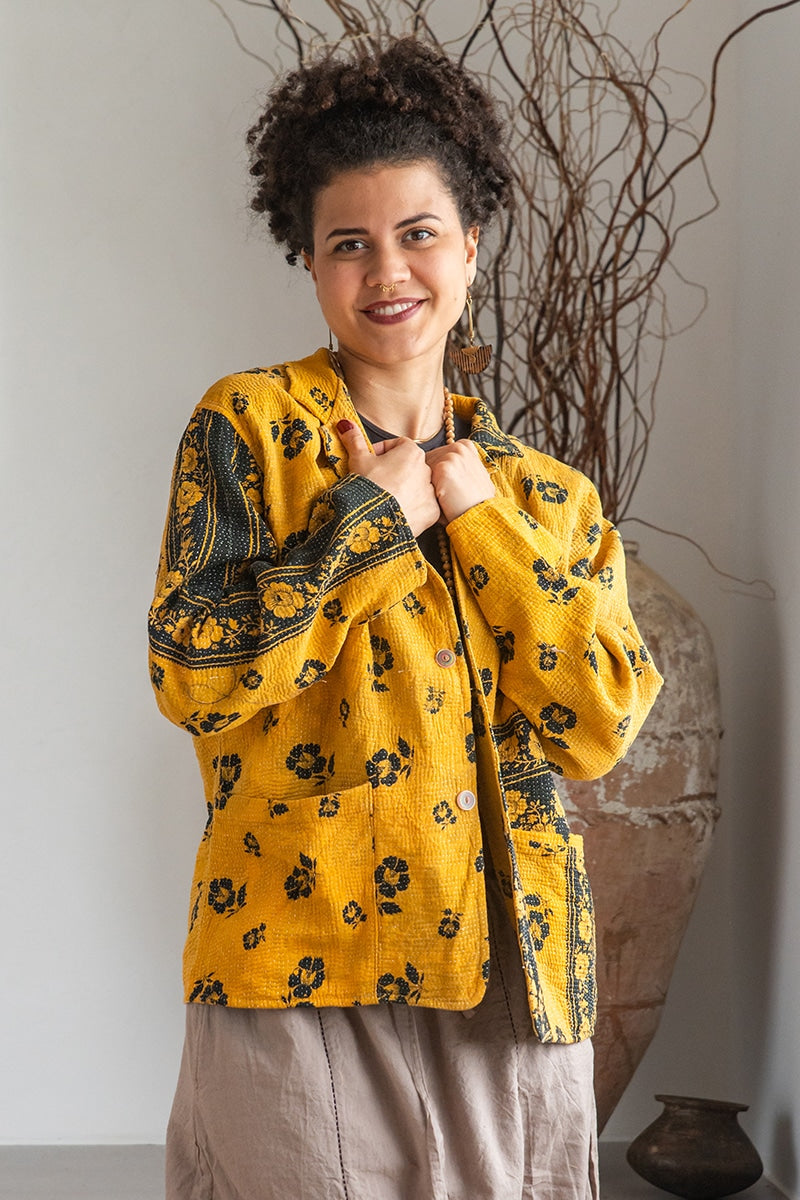 Womens Vintage Intrepid Kantha Jacket handmade from 100% cotton recycled fabrics in yellow Tuscan