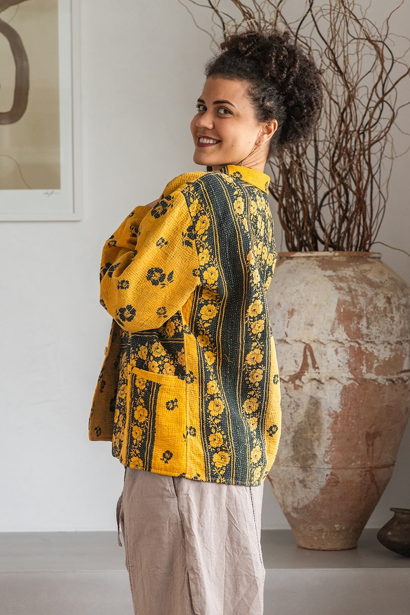 Womens Vintage Intrepid Kantha Jacket handmade from 100% cotton recycled fabrics in yellow Tuscan