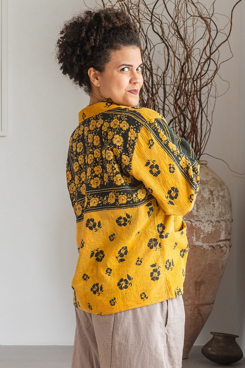 Womens Vintage Intrepid Kantha Jacket handmade from 100% cotton recycled fabrics in yellow Tuscan