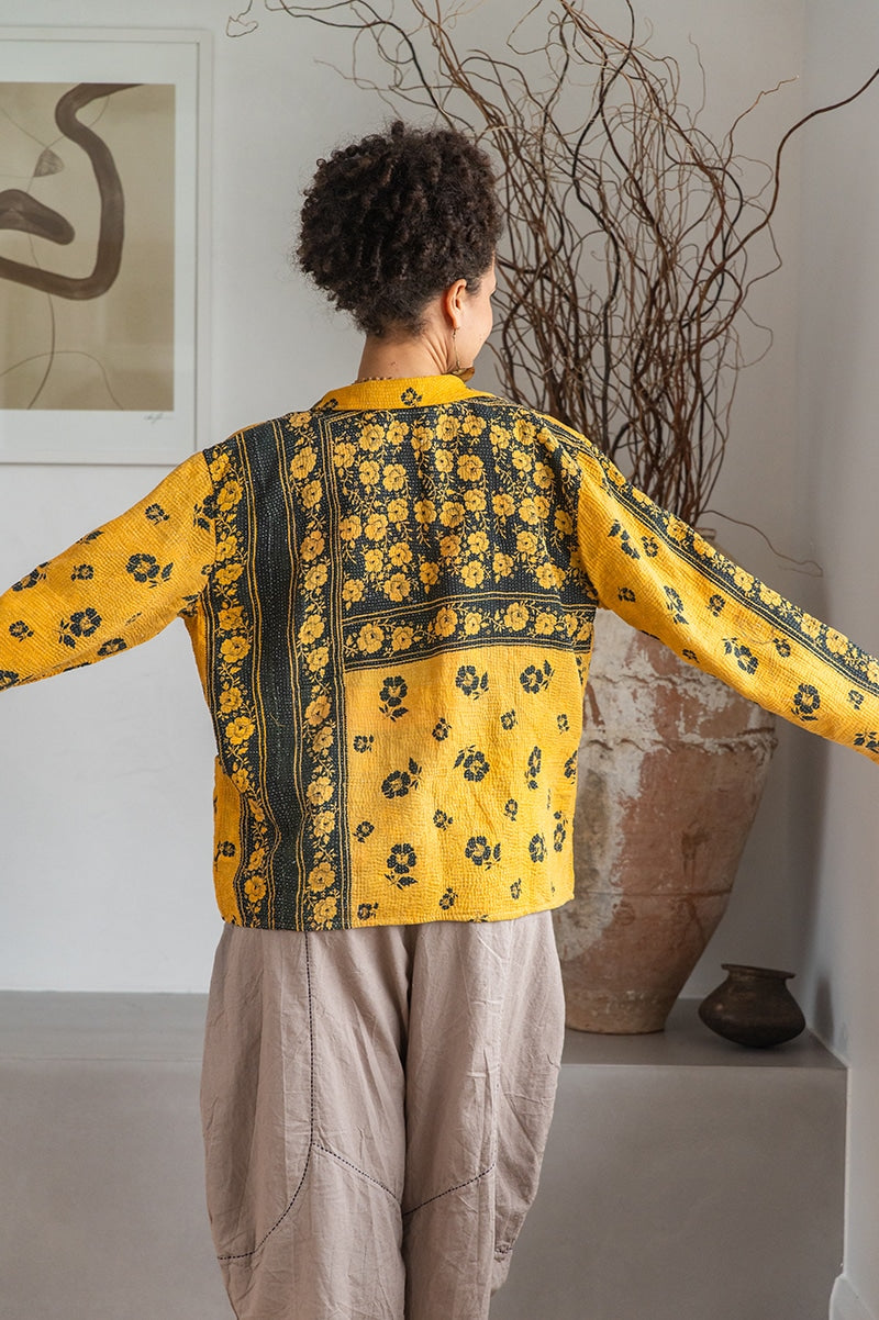 Womens Vintage Intrepid Kantha Jacket handmade from 100% cotton recycled fabrics in yellow Tuscan