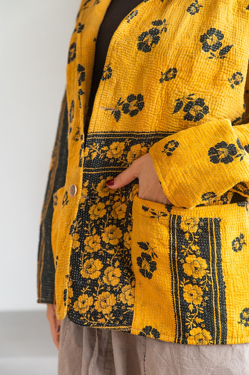 Womens Vintage Intrepid Kantha Jacket handmade from 100% cotton recycled fabrics in yellow Tuscan