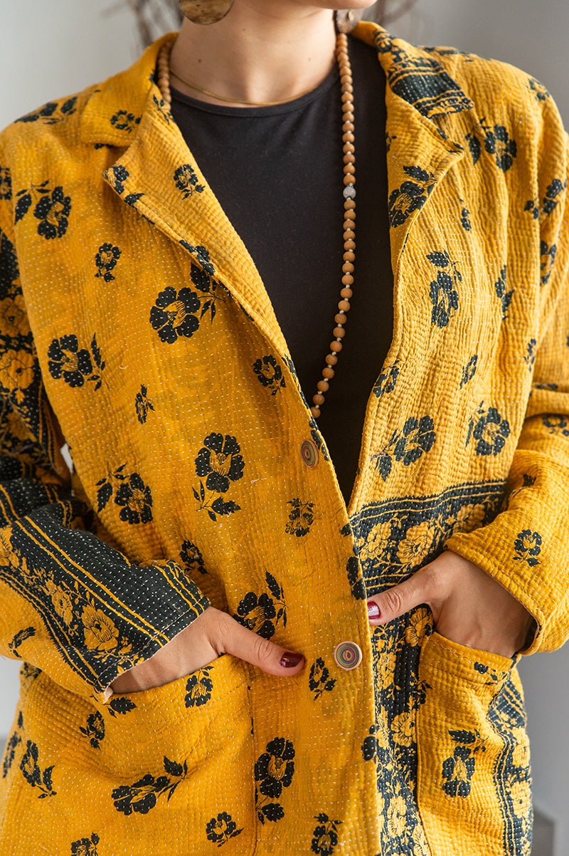 Womens Vintage Intrepid Kantha Jacket handmade from 100% cotton recycled fabrics in yellow Tuscan