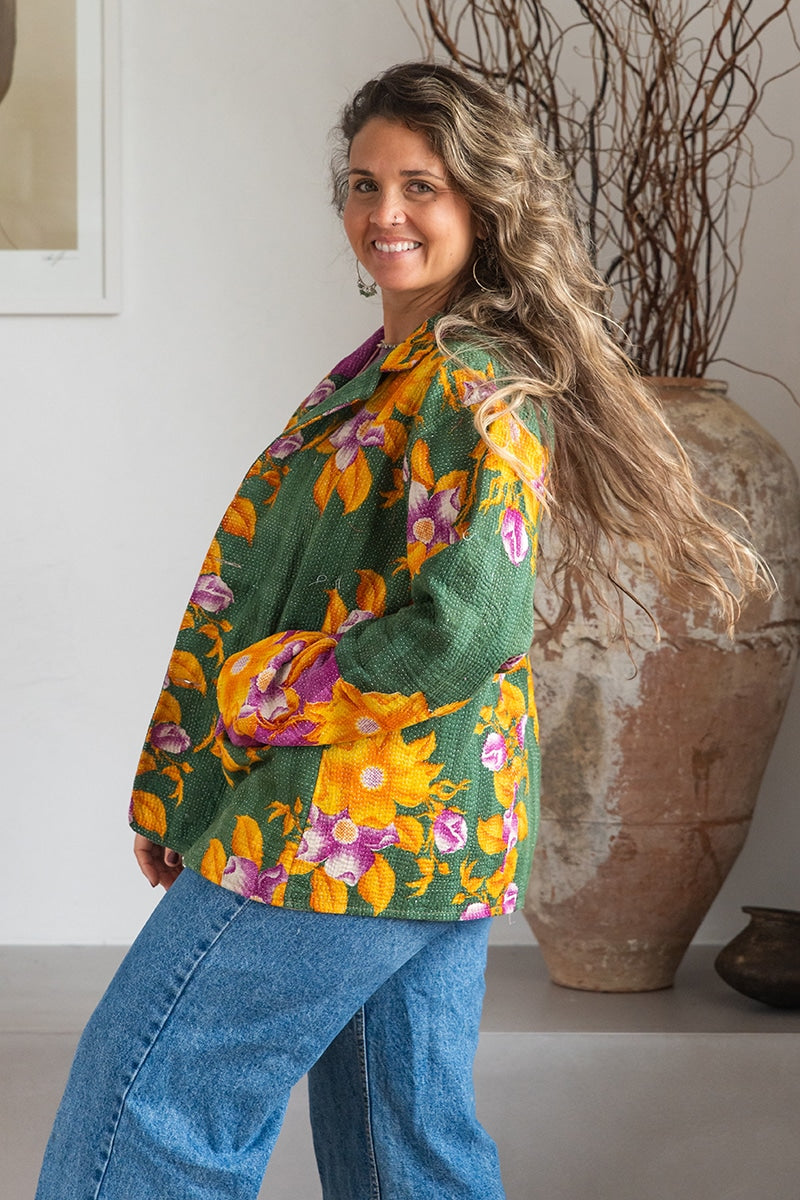 Womens Vintage Intrepid Kantha Jacket handmade from 100% cotton recycled fabrics in green floral Aria