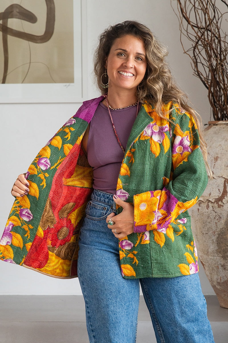Womens Vintage Intrepid Kantha Jacket handmade from 100% cotton recycled fabrics in green floral Aria