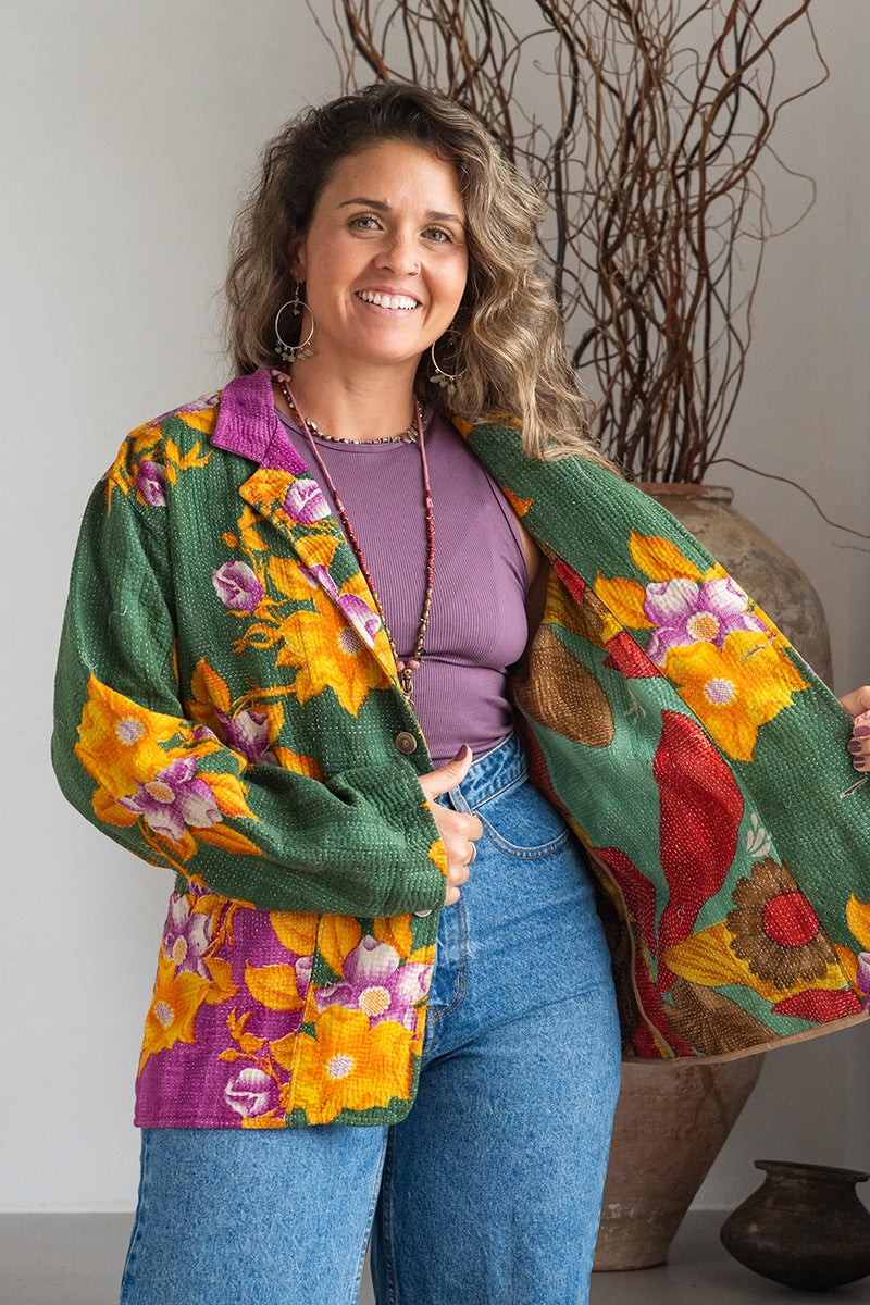 Womens Vintage Intrepid Kantha Jacket handmade from 100% cotton recycled fabrics in green floral Aria
