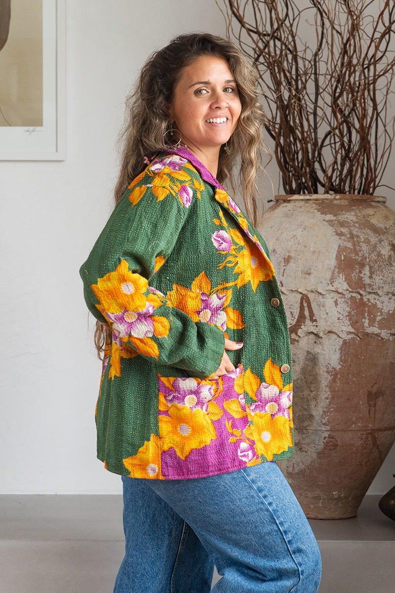 Womens Vintage Intrepid Kantha Jacket handmade from 100% cotton recycled fabrics in green floral Aria