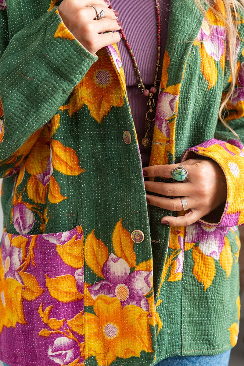 Womens Vintage Intrepid Kantha Jacket handmade from 100% cotton recycled fabrics in green floral Aria