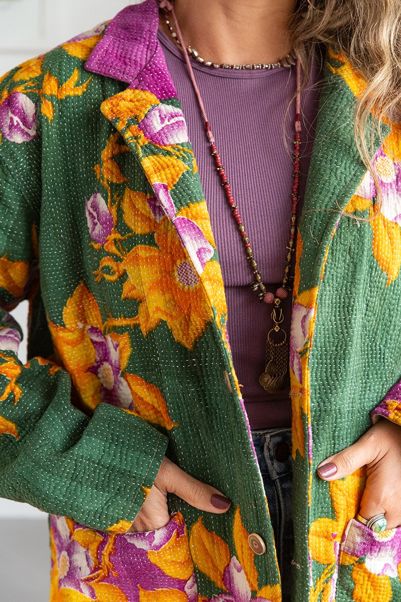 Womens Vintage Intrepid Kantha Jacket handmade from 100% cotton recycled fabrics in green floral Aria