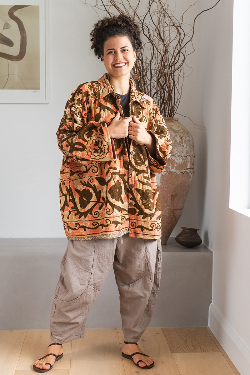 Womens Kumud Kantha Jacket, with traditional Suzani embroidery, handmade from recycled Vintage Kantha’s. Pecan