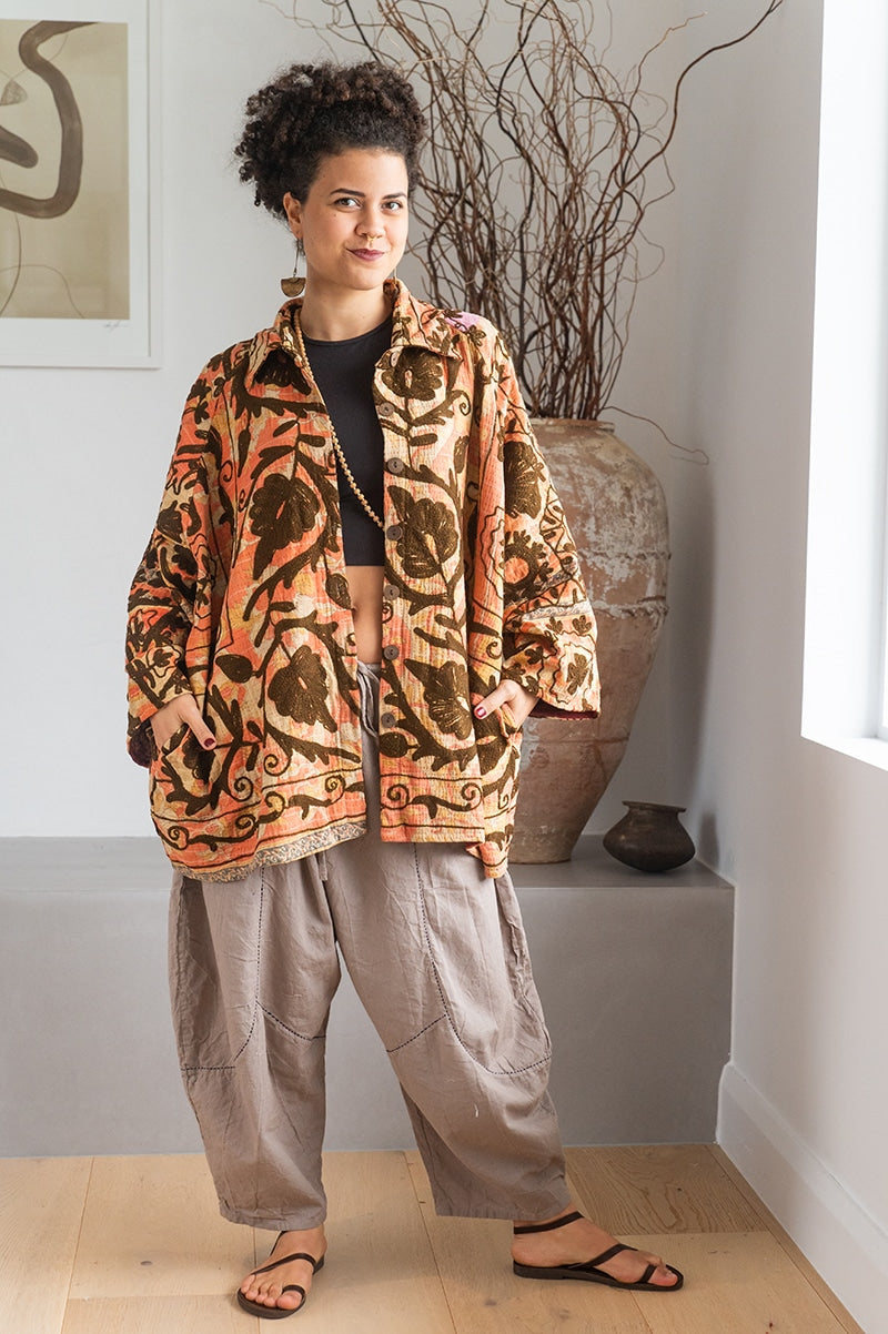 Womens Kumud Kantha Jacket, with traditional Suzani embroidery, handmade from recycled Vintage Kantha’s. Pecan