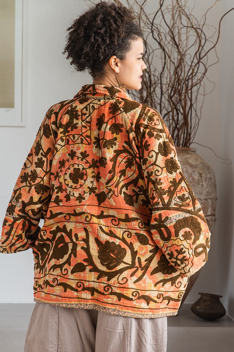 Womens Kumud Kantha Jacket, with traditional Suzani embroidery, handmade from recycled Vintage Kantha’s. Pecan
