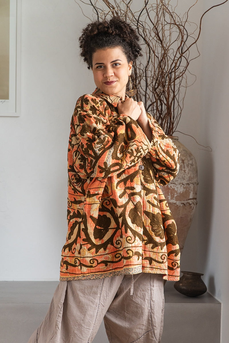 Womens Kumud Kantha Jacket, with traditional Suzani embroidery, handmade from recycled Vintage Kantha’s. Pecan