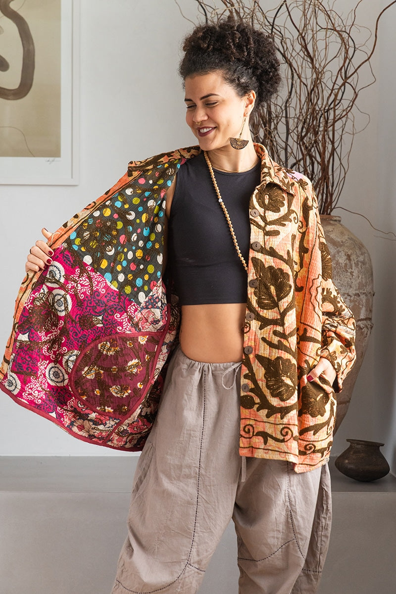 Womens Kumud Kantha Jacket, with traditional Suzani embroidery, handmade from recycled Vintage Kantha’s. Pecan