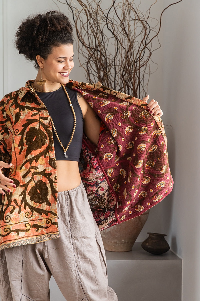 Womens Kumud Kantha Jacket, with traditional Suzani embroidery, handmade from recycled Vintage Kantha’s. Pecan