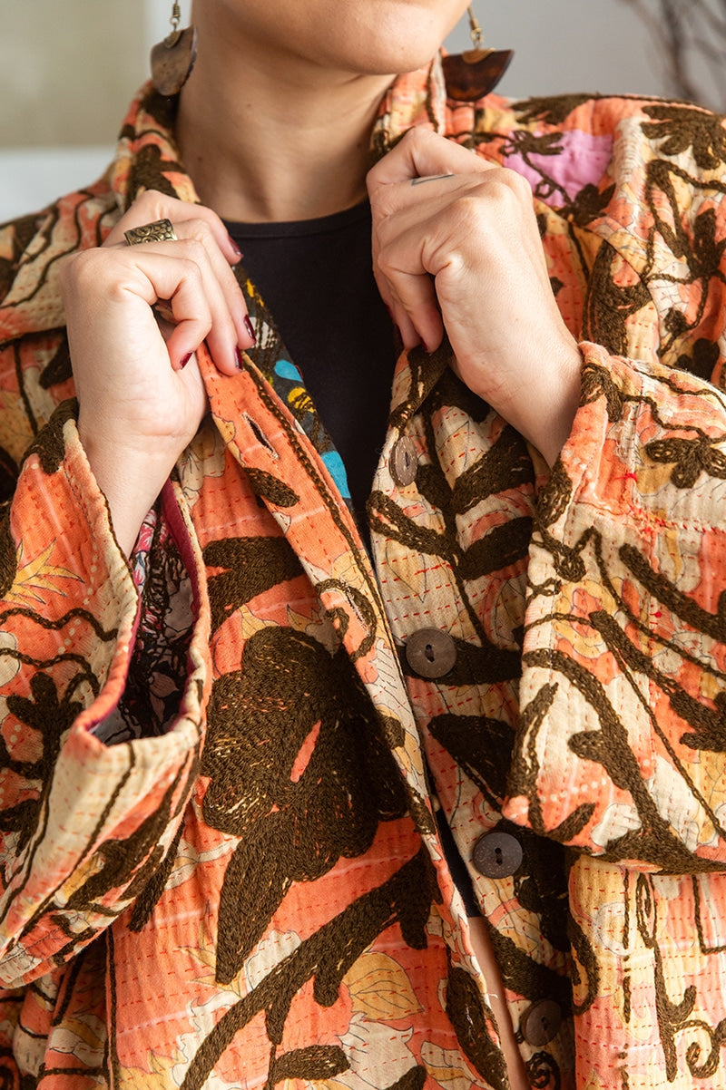 Womens Kumud Kantha Jacket, with traditional Suzani embroidery, handmade from recycled Vintage Kantha’s. Pecan
