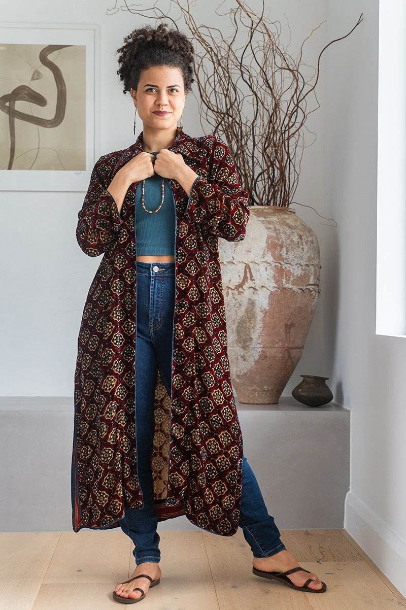 Womens, Odessa Silk Velvet Coat, hand block print, full body length with pockets, Tazia