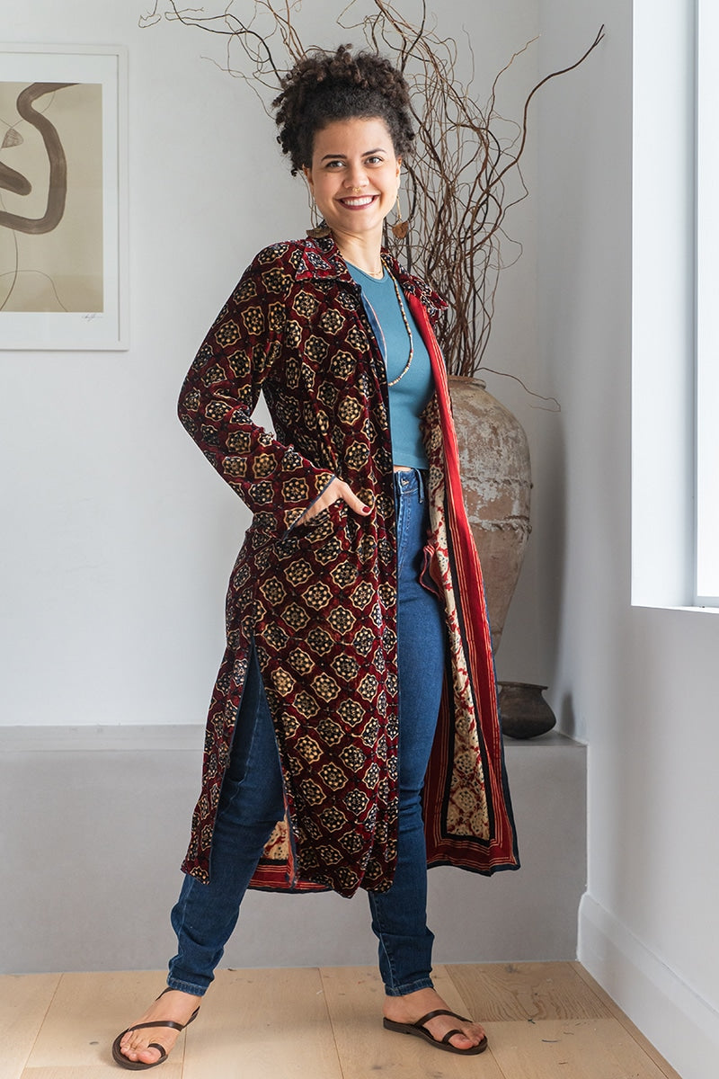 Womens, Odessa Silk Velvet Coat, hand block print, full body length with pockets, Tazia