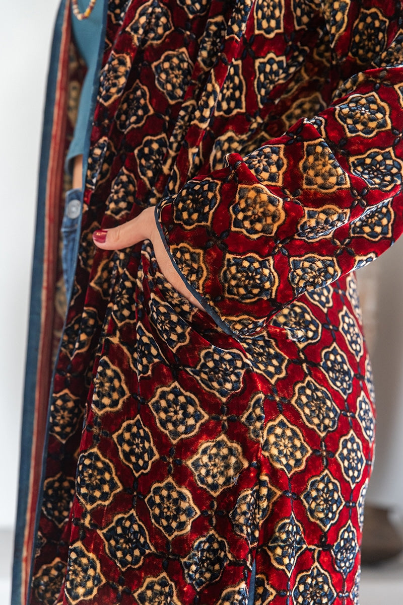 Womens, Odessa Silk Velvet Coat, hand block print, full body length with pockets, Tazia