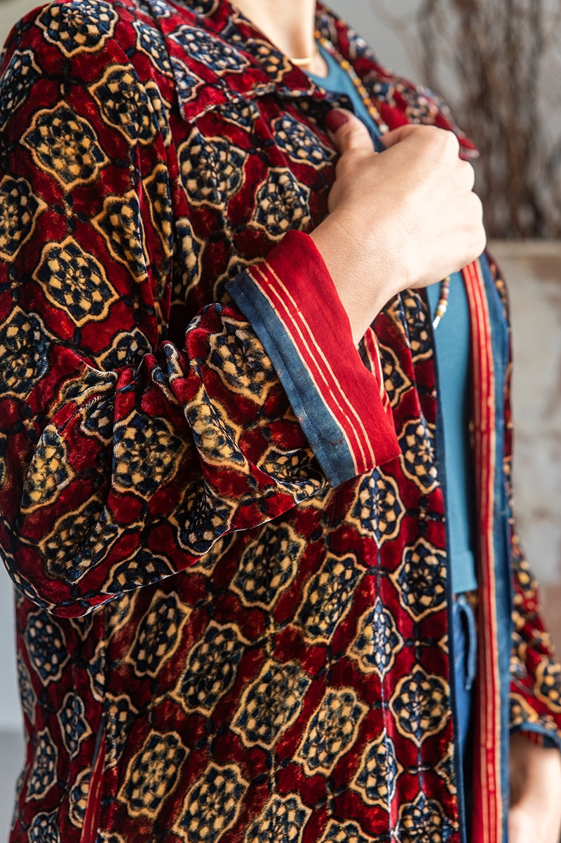 Womens, Odessa Silk Velvet Coat, hand block print, full body length with pockets, Tazia