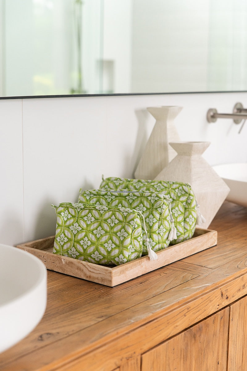 Wash Bags, accessories, Hand block prints, plastic lined with inside pockets. Small, Medium and Large. Lime green