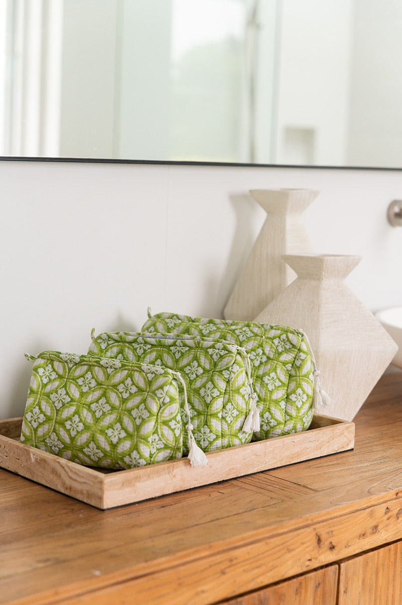 Wash Bags, accessories, Hand block prints, plastic lined with inside pockets. Small, Medium and Large. Lime green