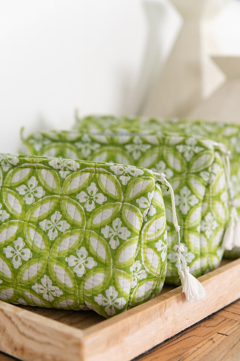 Wash Bags, accessories, Hand block prints, plastic lined with inside pockets. Small, Medium and Large. Lime green