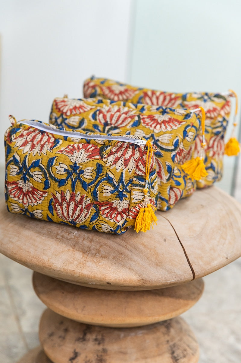 Wash Bags, accessories, Hand block prints, plastic lined with inside pockets. Small, Medium and Large. Amber Bloom