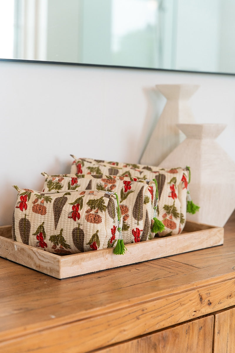 Wash Bags, accessories, Hand block prints, plastic lined with inside pockets. Small, Medium and Large. Herb Garden