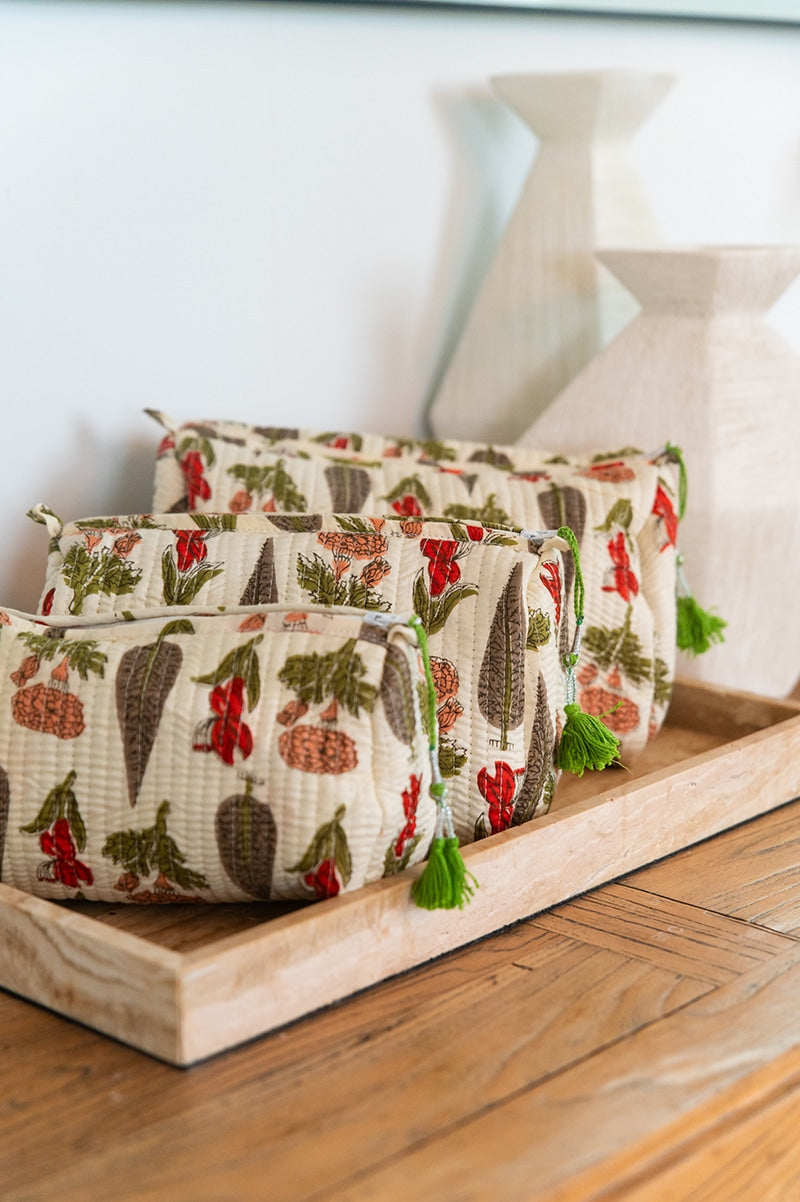 Wash Bags, accessories, Hand block prints, plastic lined with inside pockets. Small, Medium and Large. Herb Garden