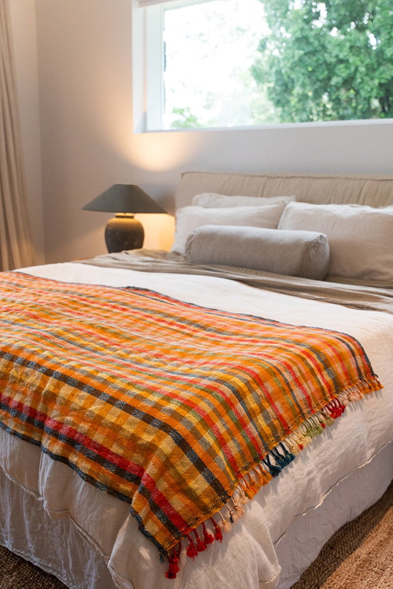 Raw Wool Throw, 100% pure wool, hand loomed. Use as a throw, shawl, mediation wrap or bed blanket. Multi coloured Aurum