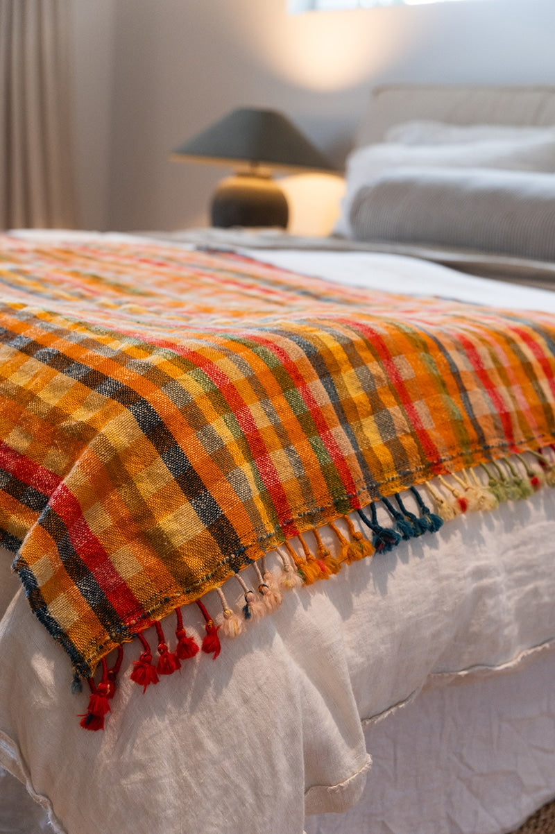 Raw Wool Throw, 100% pure wool, hand loomed. Use as a throw, shawl, mediation wrap or bed blanket. Multi coloured Aurum