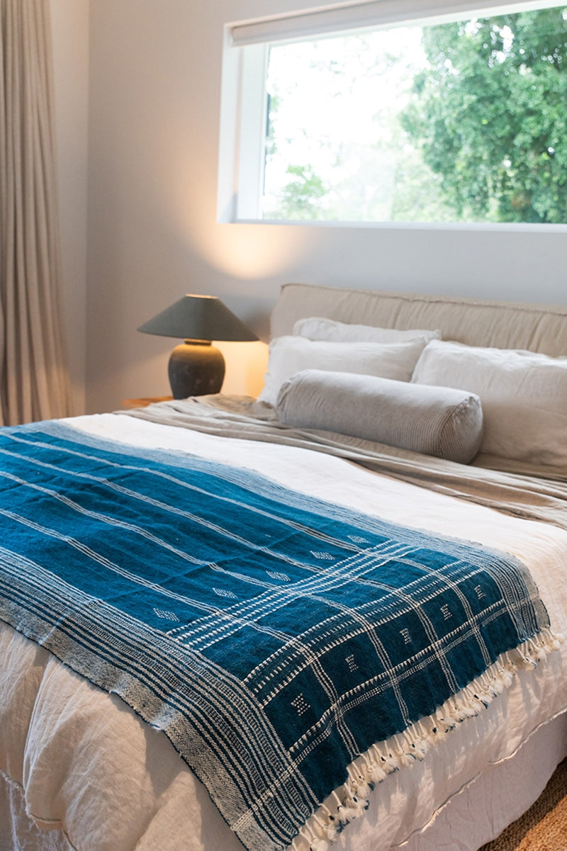 Raw Wool Throw, 100% pure wool, hand loomed. Use as a throw, shawl, mediation wrap or bed blanket. Lapis Blue.