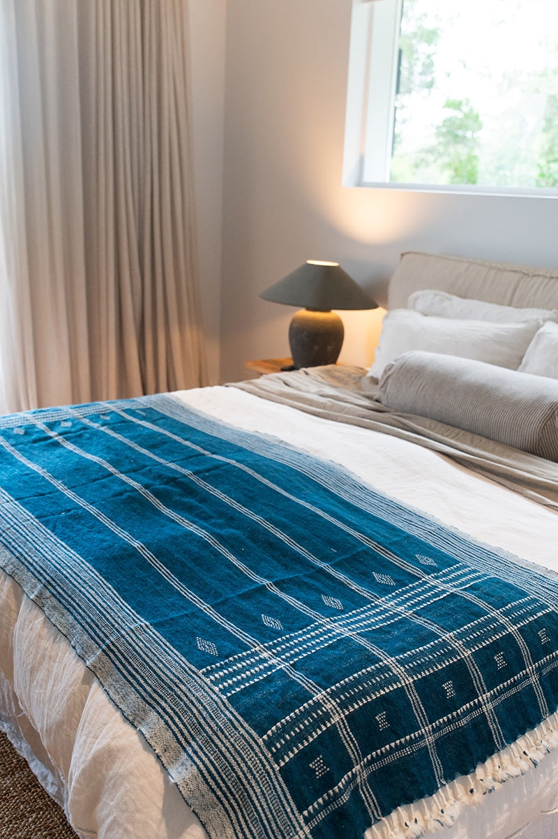 Raw Wool Throw, 100% pure wool, hand loomed. Use as a throw, shawl, mediation wrap or bed blanket. Lapis Blue.