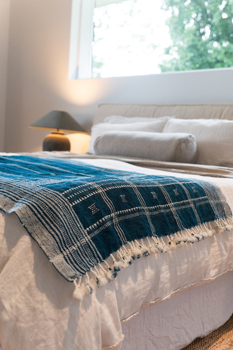 Raw Wool Throw, 100% pure wool, hand loomed. Use as a throw, shawl, mediation wrap or bed blanket. Lapis Blue.