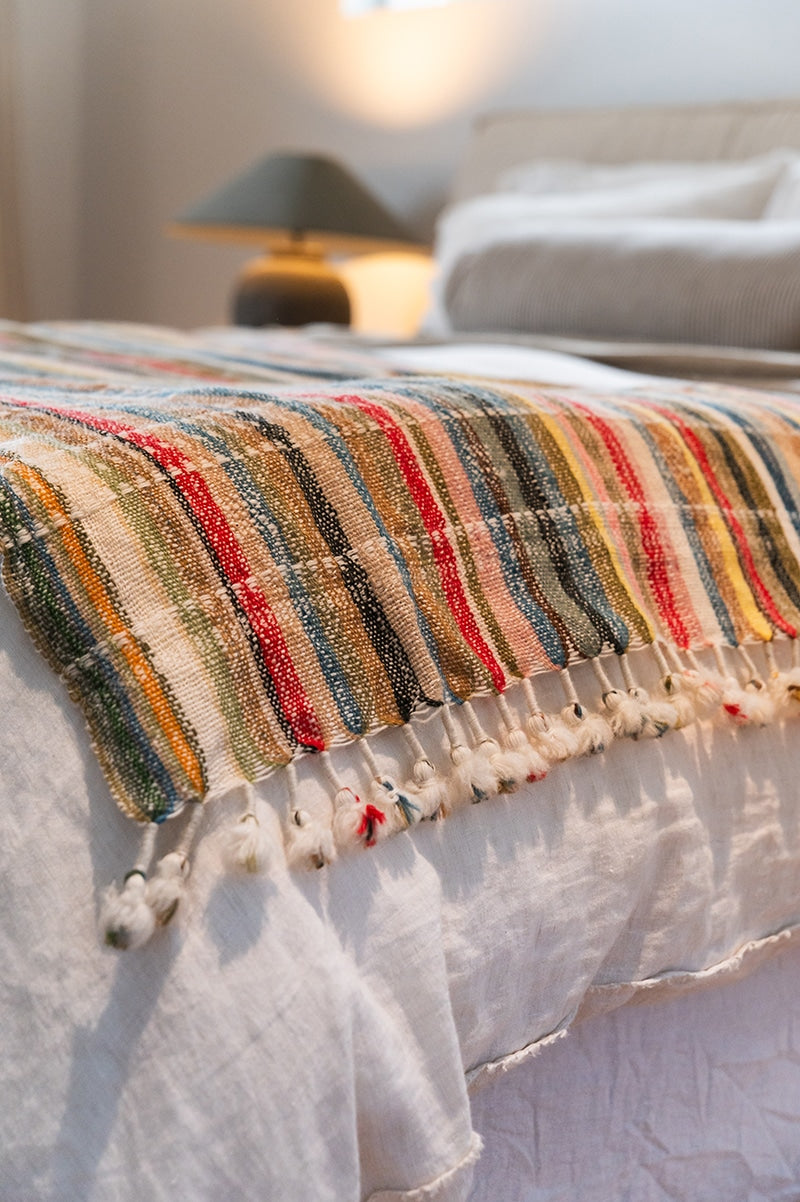 Raw Wool Throw, 100% pure wool, hand loomed. Use as a throw, shawl, mediation wrap or bed blanket. Multi coloured Tulum