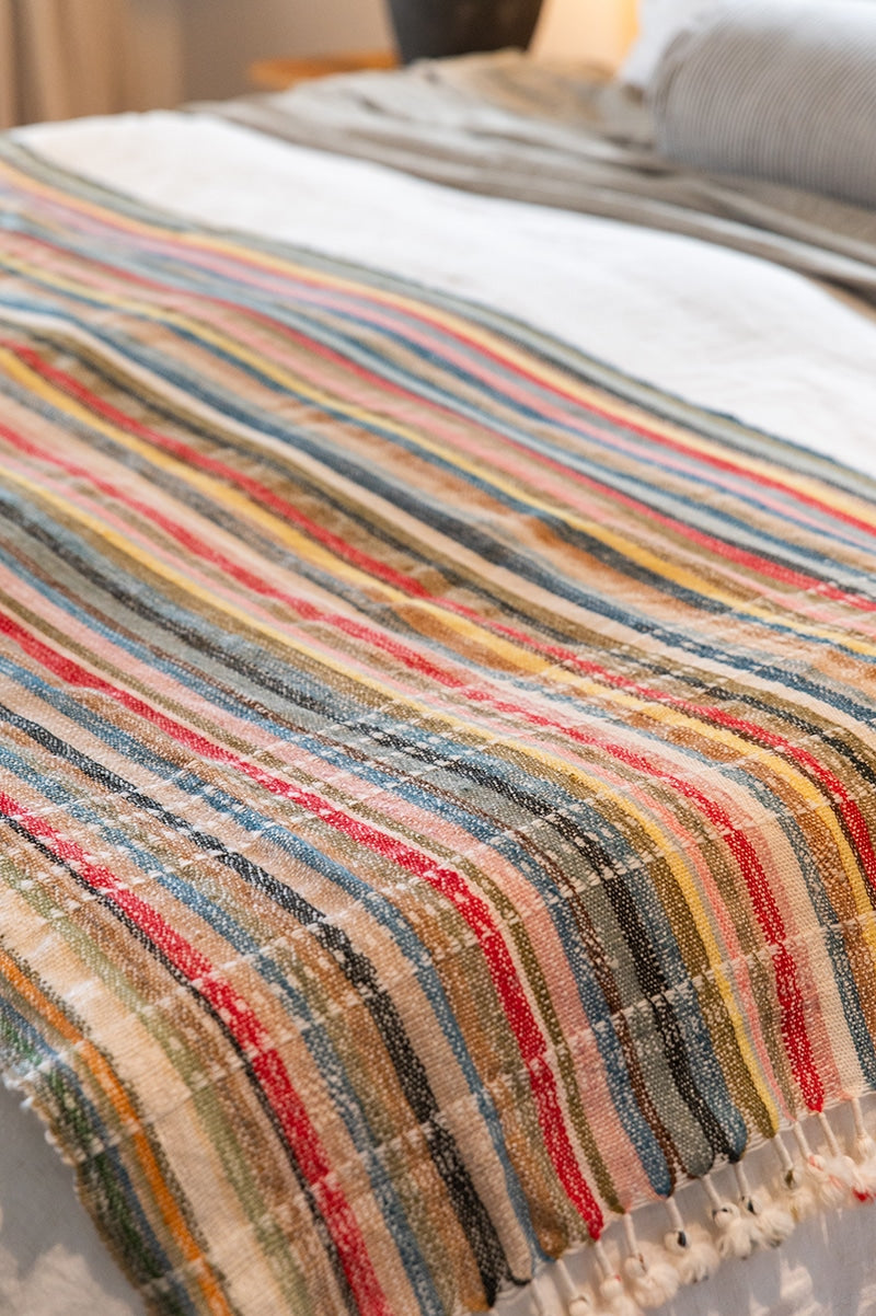 Raw Wool Throw, 100% pure wool, hand loomed. Use as a throw, shawl, mediation wrap or bed blanket. Multi coloured Tulum